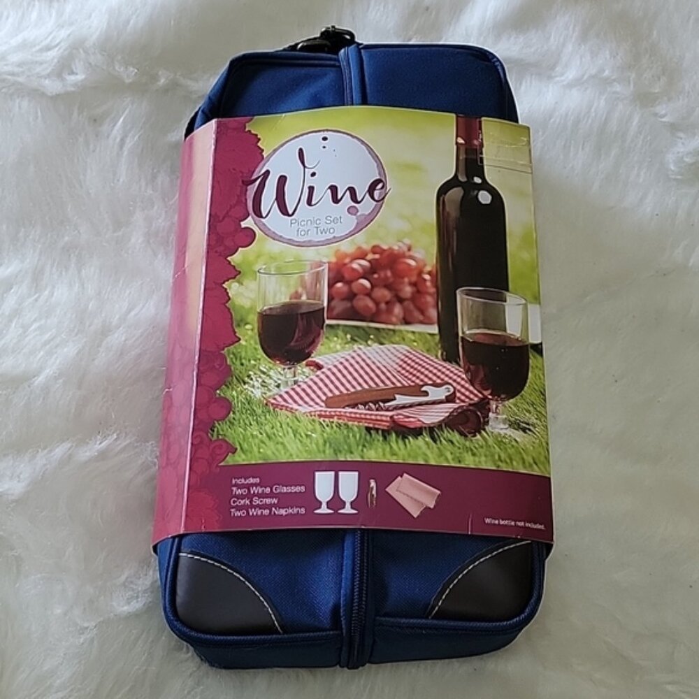 WINE PICNIC SET FOR TWO NeW Navy Blue Insulated‎ Shoulder Strap Zip Tote Bag